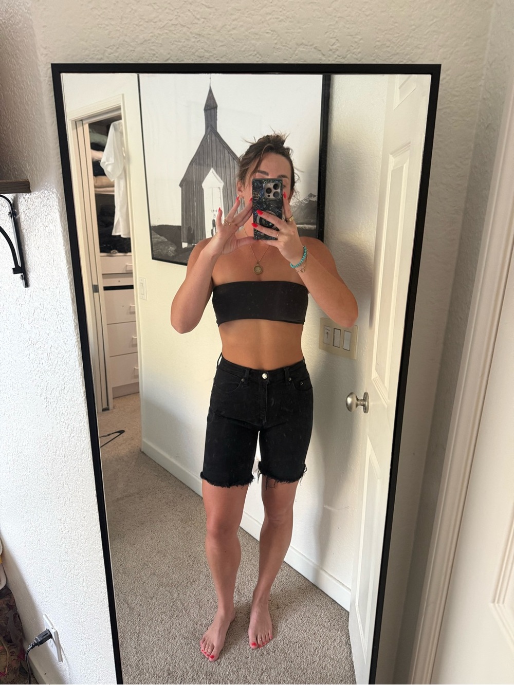 pistola Black High-Rise Frayed Hem Denim Bermuda Shorts